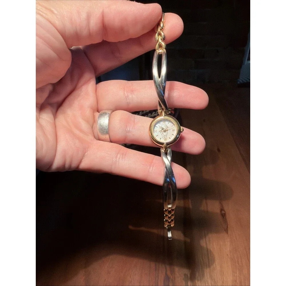 DISNEY Women's WINNIE THE POOH watch 2Tone cuff bangle Bracelet fits 6.25